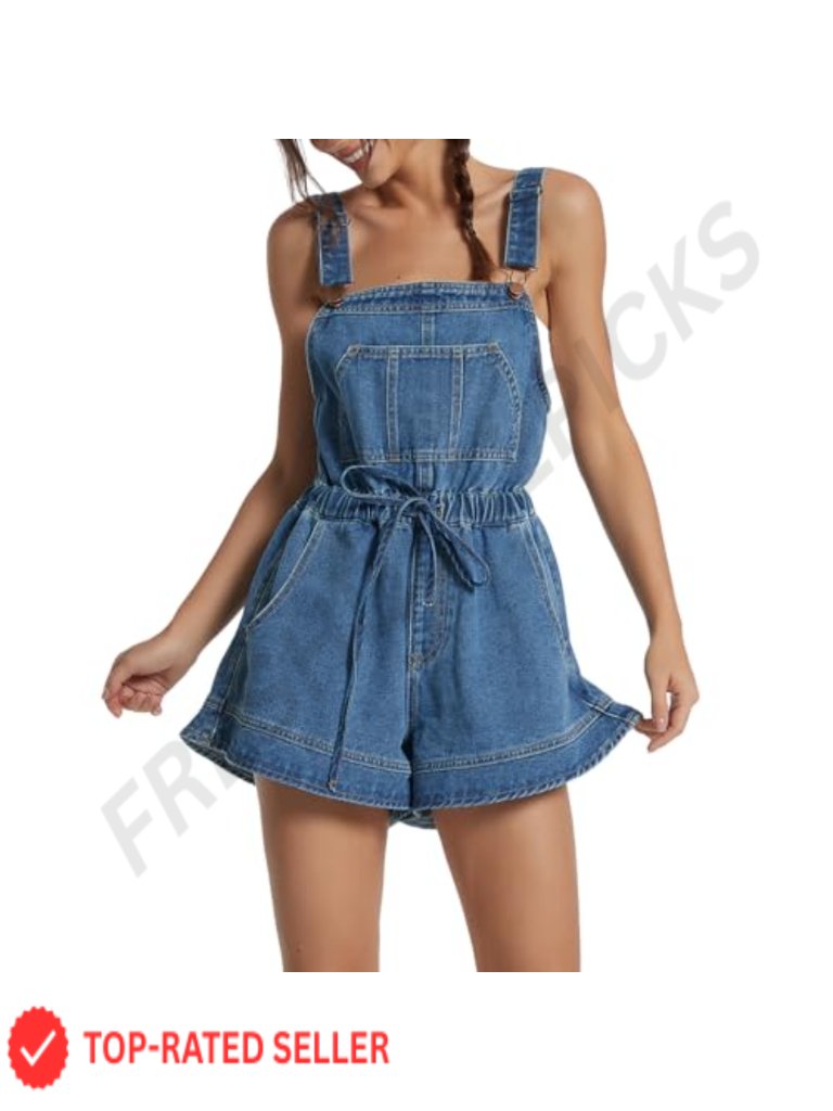 Sleeveless Denim Romper Shorts Ruffle Hem Adjustable Strap Casual Jumpsuit